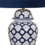 WHITE & BLUE CERAMIC LINKS T/LAMP w/ NAVY VELVET SHADE