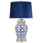 WHITE & BLUE CERAMIC LINKS T/LAMP w/ NAVY VELVET SHADE