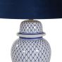 WHITE & BLUE CERAMIC NET T/LAMP w/ NAVY VELVET SHADE