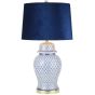 WHITE & BLUE CERAMIC NET T/LAMP w/ NAVY VELVET SHADE