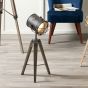 BULLSEYE GREY METAL & WOOD TRIPOD T/LAMP