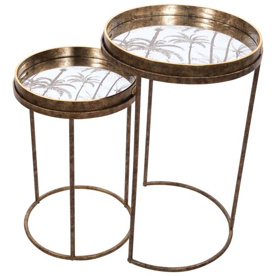 NEST OF 2 RND GOLD TABLES w/ ETCH PALM