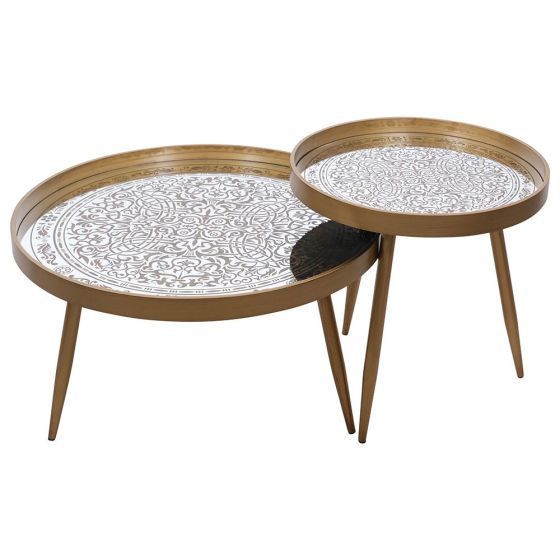 SET OF 2 GOLD COFFEE TABLES w/ ETCH