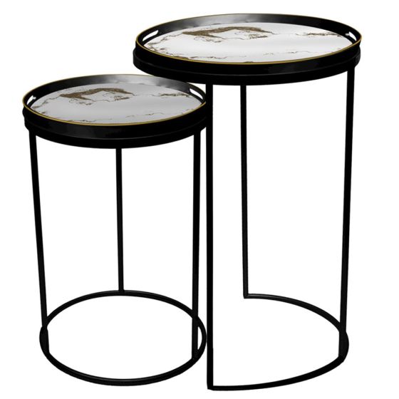 NEST OF 2 BLACK TABLES w/ GOLD ETCH TRAY