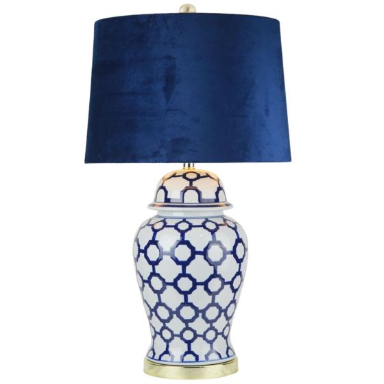 WHITE & BLUE CERAMIC LINKS T/LAMP w/ NAVY VELVET SHADE