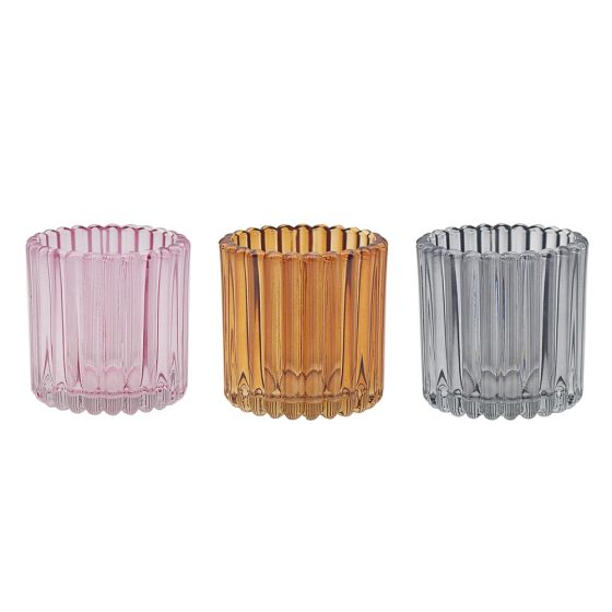 RIBBED GLASS CANDLE HOLDER - 3 ASST