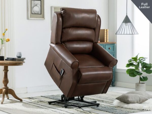 WINDSOR BROWN LEATHER LIFT & TILT ARMCHAIR - (DUAL MOTOR) - Image 2