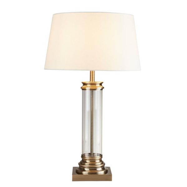 PEDESTAL T/LAMP - A/BRASS w/ CREAM FABRIC SHADE