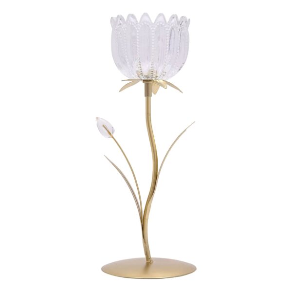 HESTIA SINGLE STEM CANDLE HOLDER w/ CLEAR GLASS ON GOLD BASE