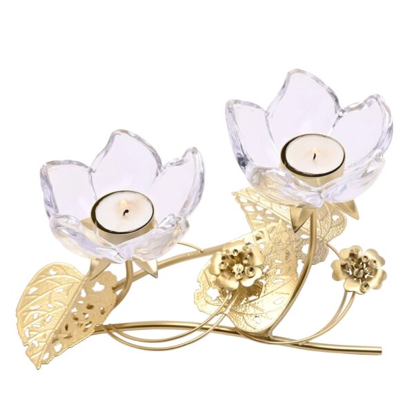 HESTIA 2 STEM CLEAR GLASS CANDLE HOLDER w/ GOLD LEAVES - Image 2