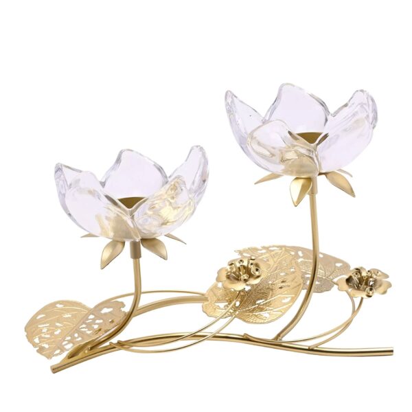 HESTIA 2 STEM CLEAR GLASS CANDLE HOLDER w/ GOLD LEAVES