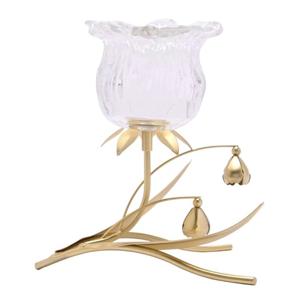 HESTIA SINGLE STEM CLEAR GLASS FLOWER CANDLE HOLDER w/ GOLD STEM