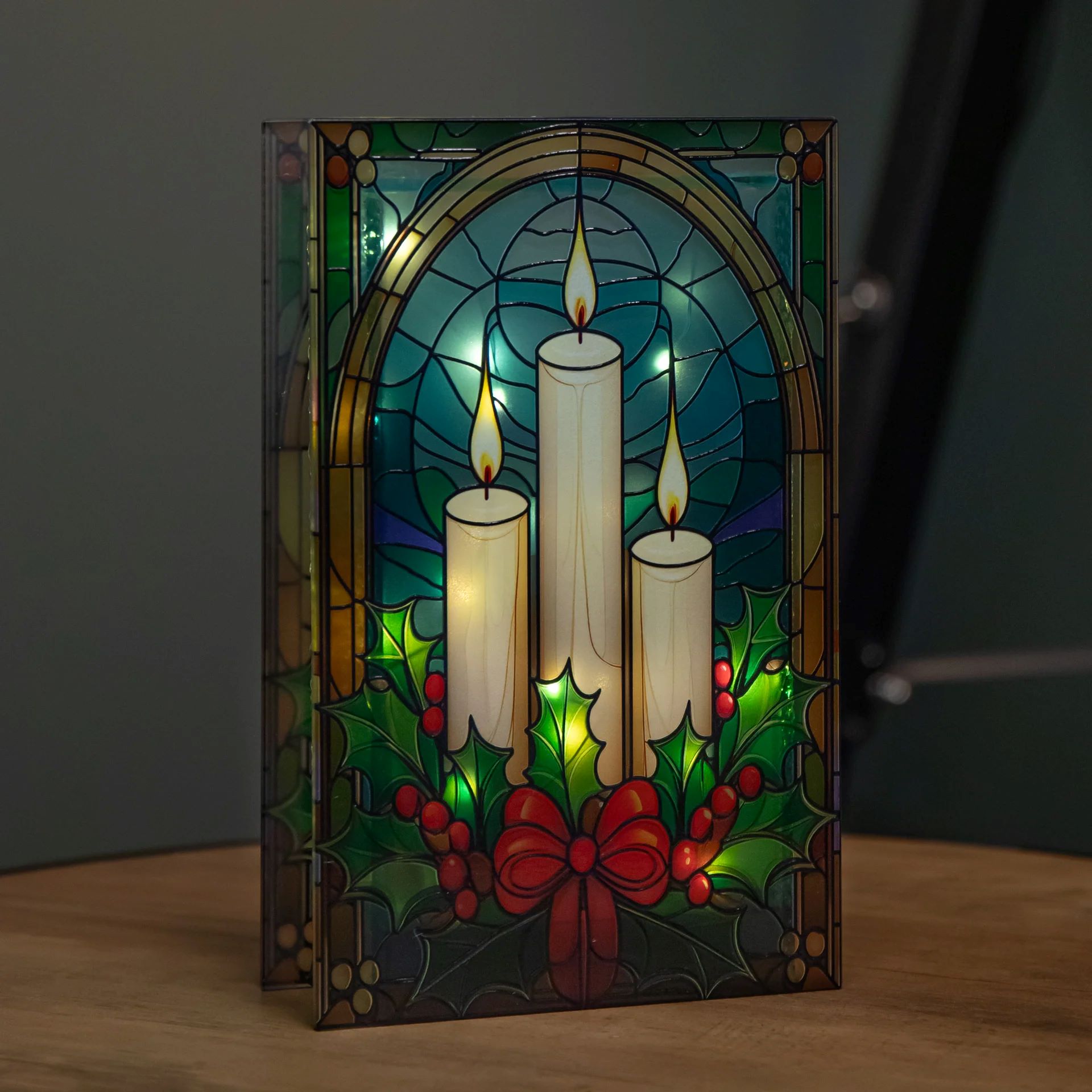 21x13cm STAINED GLASS CANDLES & HOLLY - Image 2