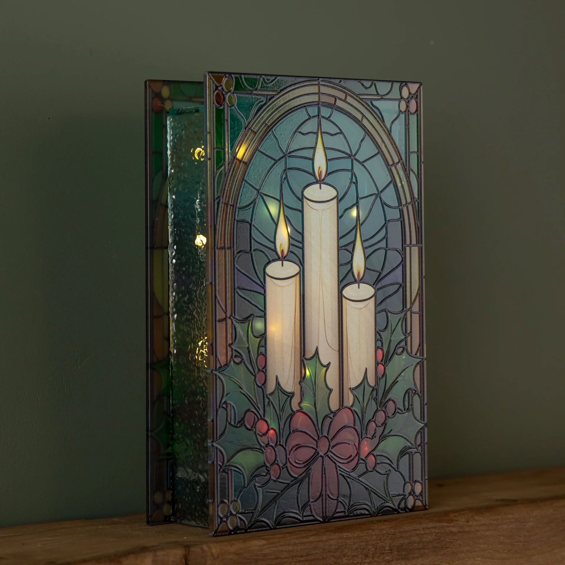 21x13cm STAINED GLASS CANDLES & HOLLY - Image 3