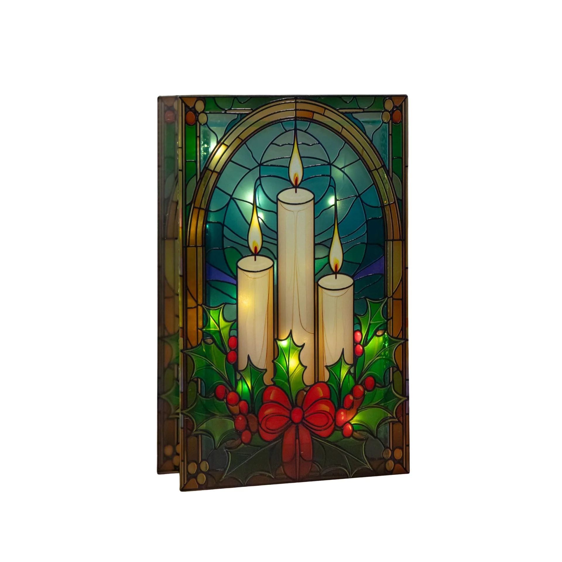 21x13cm STAINED GLASS CANDLES & HOLLY