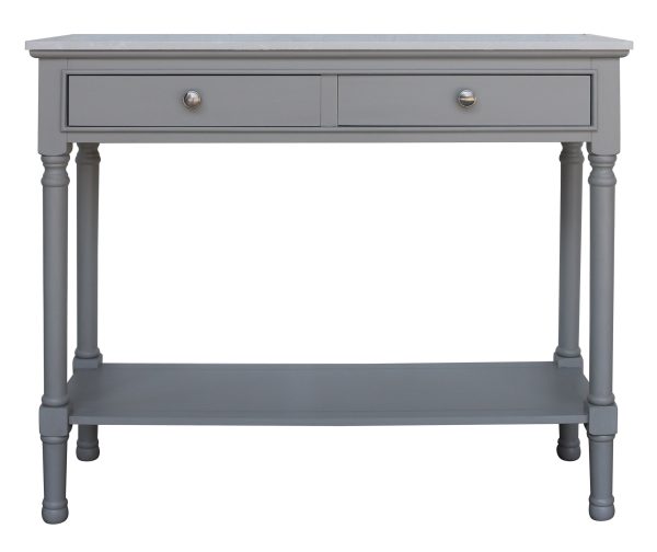 SOFT GREY 2 DWR CONSOLE TABLE w/ WHITE MARBLE TOP & SHELF