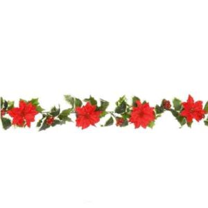 183cm RED POINSETTIA GLITTER HOLLY GARLAND