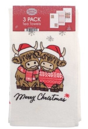 3pk XMAS HIGHLAND COW T/TOWELS