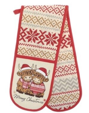 XMAS HIGHLAND COW DOUBLE OVEN GLOVE